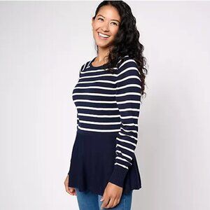 NEW AnyBody Navy Blue & White Stripe Peplum Sweater Cotton/Rayon Blend Medium